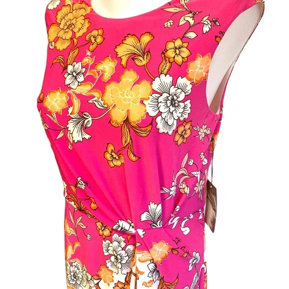 Vince Camuto dress floral mixed print sleeveless side knot twist front midi - Picture 5 of 16